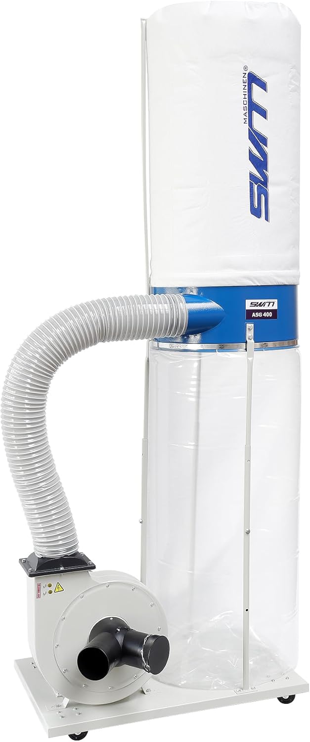 SWM Maschinen ASG400 230V Späneabsauganlage - mit Filtersack und Spänesack - fahrbar mit Y Adapter 130 mm auf 2 x 100 mm - für Holzwerkstatt
