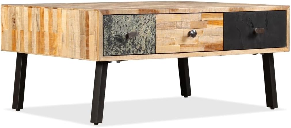 Vintage Couchtisch aus Teakholz - Drei Schubladen und Stahlgestell - Braun mit Marmoroptik - 90 x 65 x 40 cm für Wohnzimmer und Flur