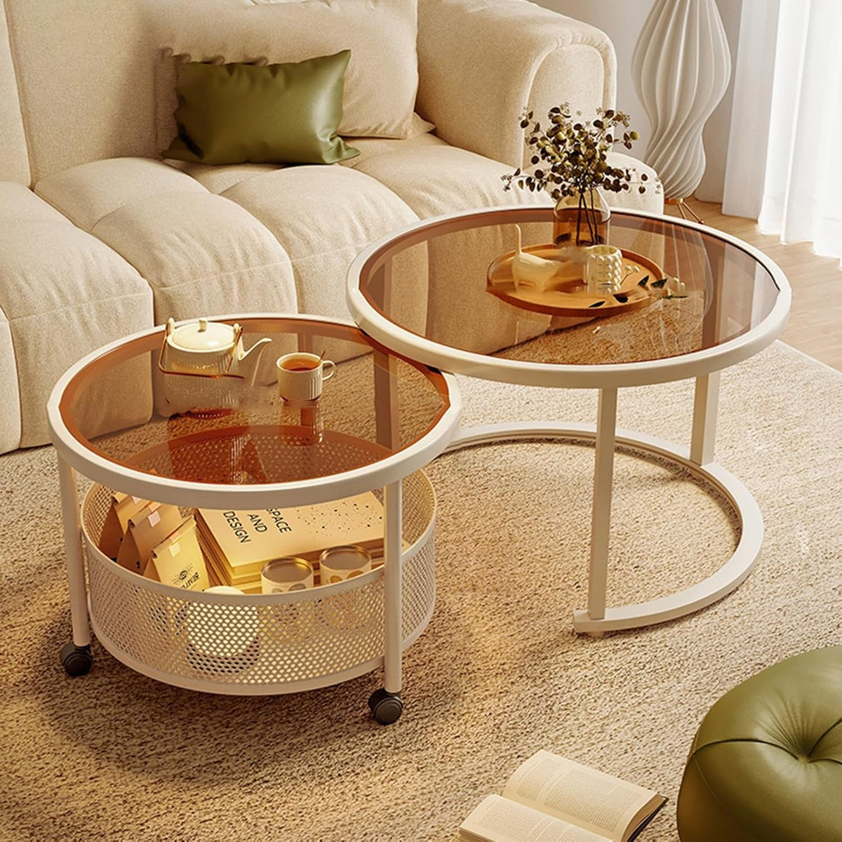Rundes Couchtisch Set - 2 Tische mit 60 x 45 cm und 45 x 40 cm - Braun mit Rollen Drahtkorb und Stauraum - Für Wohnzimmer und Homeoffice