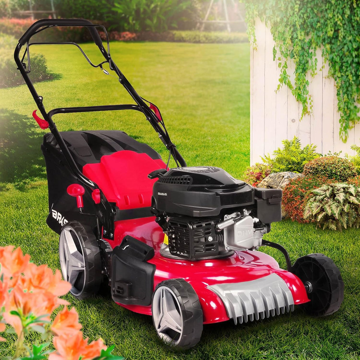 BRAST RED LINE Benzin Rasenmäher - 4,76 PS 4 Takt OHV Motor mit 46 cm Schnittbreite - 30 bis 80 mm Schnitthöhe und 60 Liter Fangkorb - Stahlgehäuse Rot
