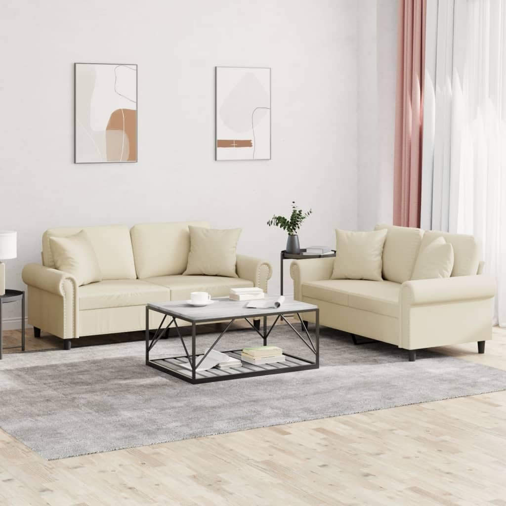 Sofagarnitur 2-teilig - Cremefarbenes Kunstleder im modernen Design - Couch Set zum Plaudern und Fernsehen - Hauptelement 172 x 77 x 80 cm
