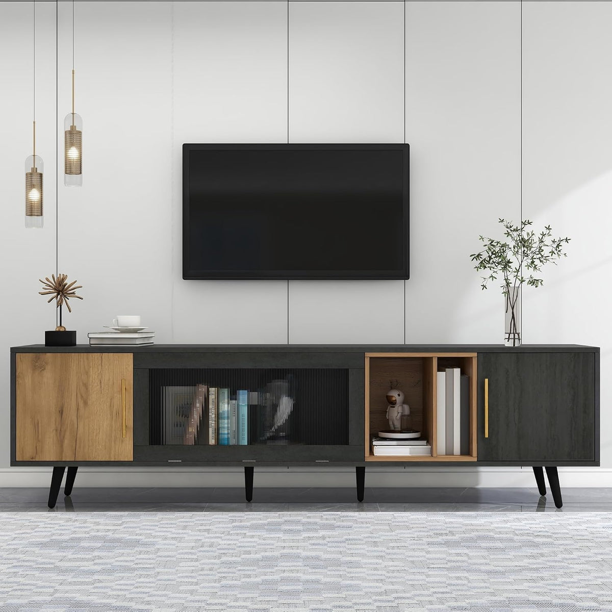 TV Lowboard für Fernseher bis 90 Zoll - Grau Braun mit 3 Türen und 4 Staufächern - 200 x 40 x 55,5 cm moderner Fernsehtisch - Wohnzimmerschrank mit viel Stauraum