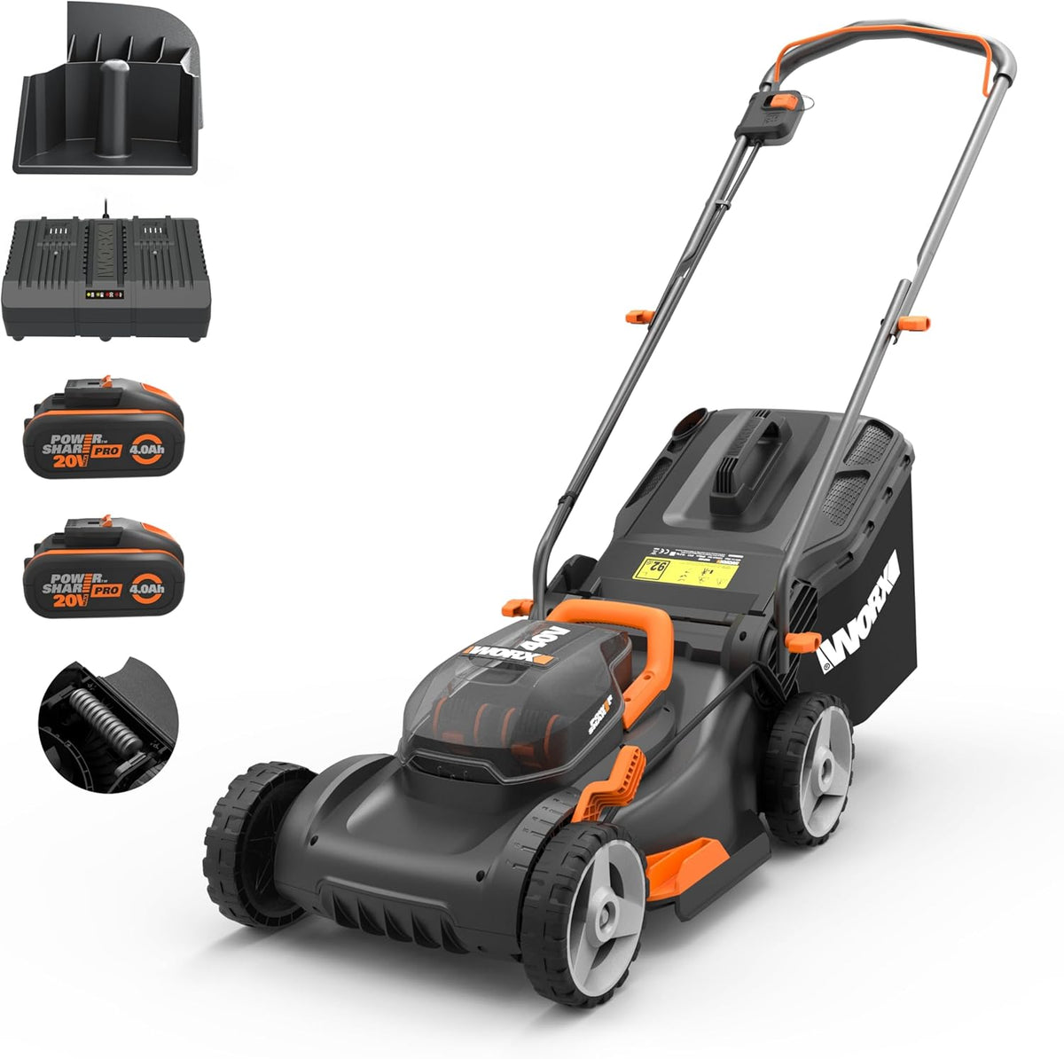 WORX Nitro WG734E Akku Rasenmäher - 40 V mit 40 cm Schnittbreite - inklusive 2 x 4,0 Ah PowerShare PRO Akkus - Dual Ladegerät Schwarz Orange