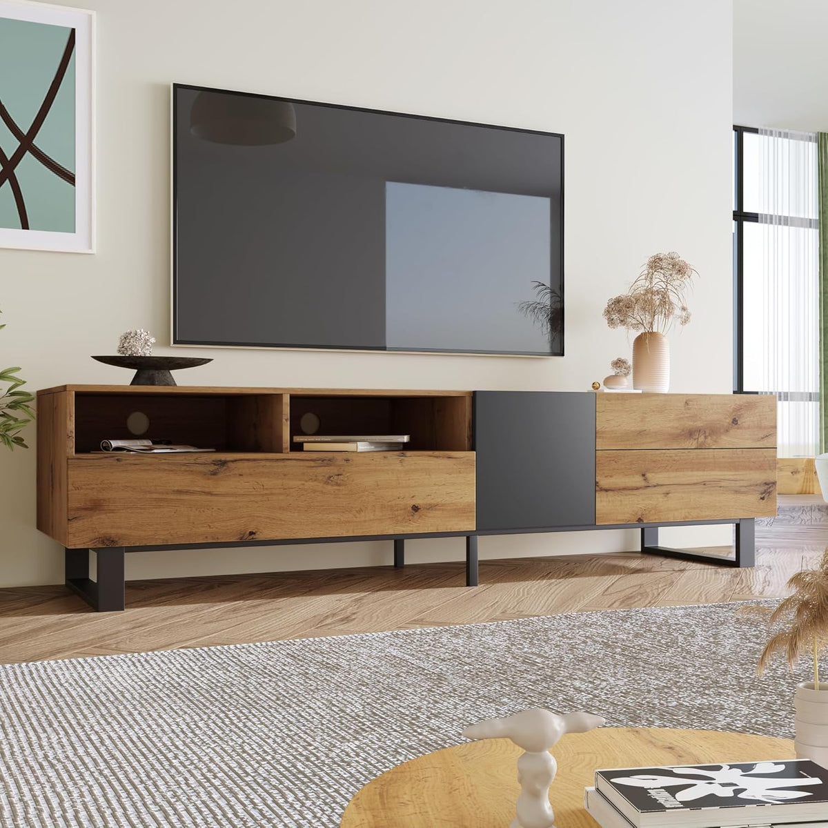 TV Lowboard 180 cm - 2 Türen und 2 Schubladen mit Holzmaserung - Colorblocking in Eiche Anthrazit - Moderner Fernsehtisch für Wohn Ess und Schlafzimmer