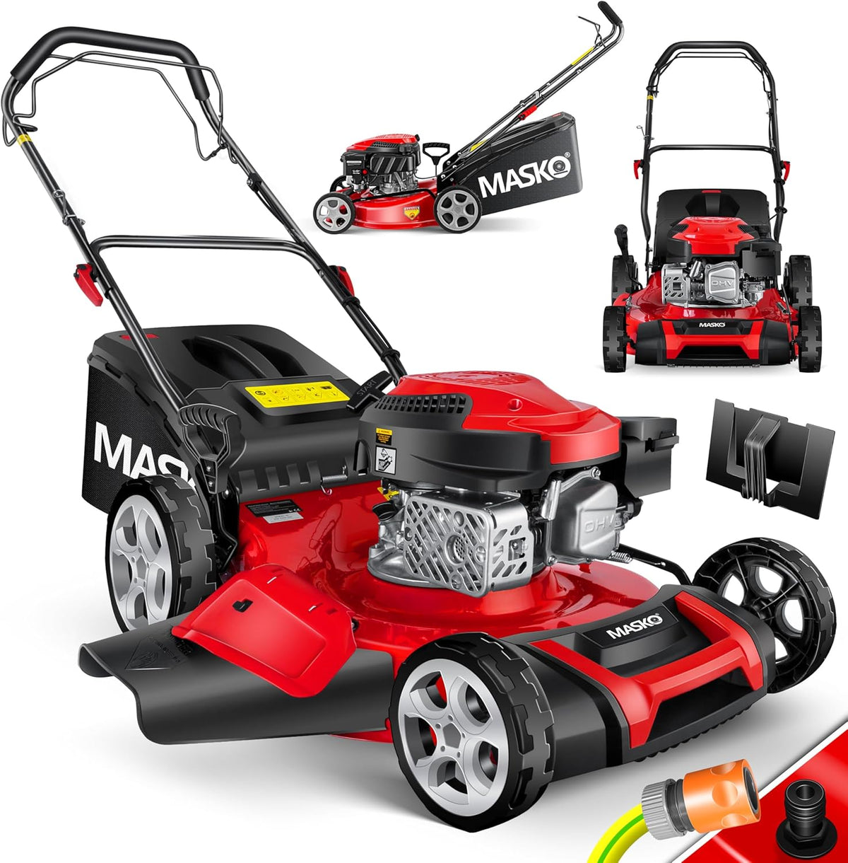 MASKO Benzin Rasenmäher 5 in 1 - 6 PS 4 Takt OHV Motor mit 51 cm Schnittbreite - 8 fach Schnitthöhenverstellung und 65 Liter Fangkorb - Mulch Kit Seitenauswurf Rot Schwarz