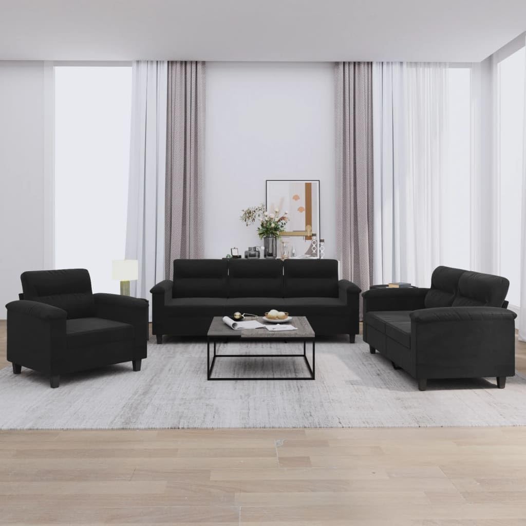 Sofagarnitur 3-teilig - Schwarzes Mikrofasergewebe mit Kissen - Modernes Couch Set für Lesen und Fernsehen - Hauptelement 210 x 77 x 80 cm