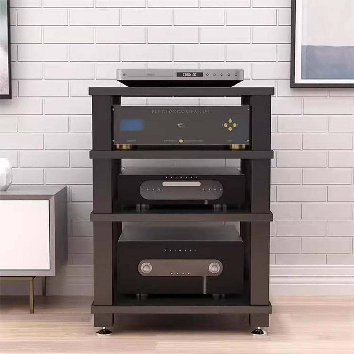 HiFi Rack für Schallplatten - Schwarz mit 4 Ebenen für Vinyl und Audiogeräte - Plattenspieler Regal und CD Ständer - Phonomöbel für Wohnzimmer und HiFi Bereich