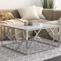 Couchtisch aus Edelstahl und Hartglas - 80 x 80 x 40 cm in Silber - Tischplatte in Marmoroptik - Modern für Wohnzimmer Schlafzimmer und Flur