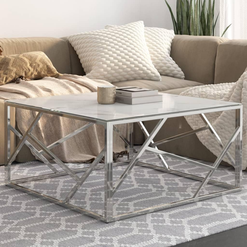 Couchtisch aus Edelstahl und Hartglas - 80 x 80 x 40 cm in Silber - Tischplatte in Marmoroptik - Modern für Wohnzimmer Schlafzimmer und Flur