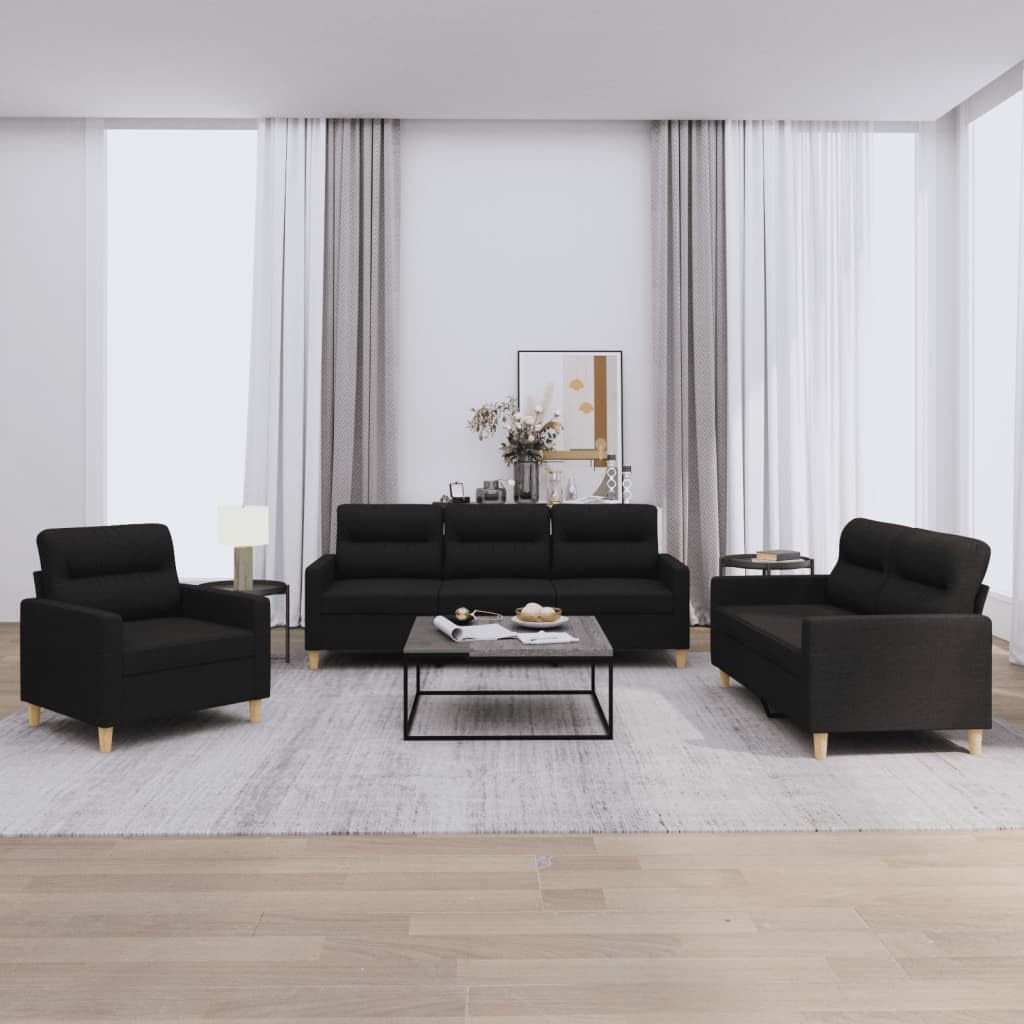 SECOLI Sofa Set 3 2 1 - Dreisitzer Zweisitzer und Sessel mit 6 Sitzplätzen - Schwarzer Polyesterstoff mit geraden Armlehnen - Modern für das Wohnzimmer