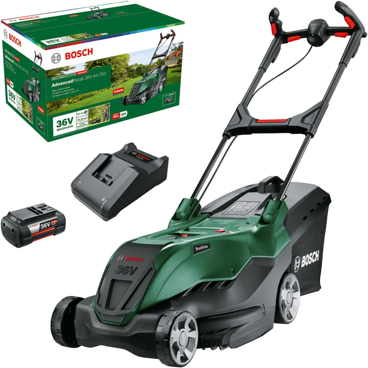 Bosch AdvancedRotak 36V 44 750 Akku Rasenmäher - 36 Volt System mit 44 cm Schnittbreite - Ergoflex für komfortable Gartenpflege - Mit 4,0 Ah Akku und Ladegerät