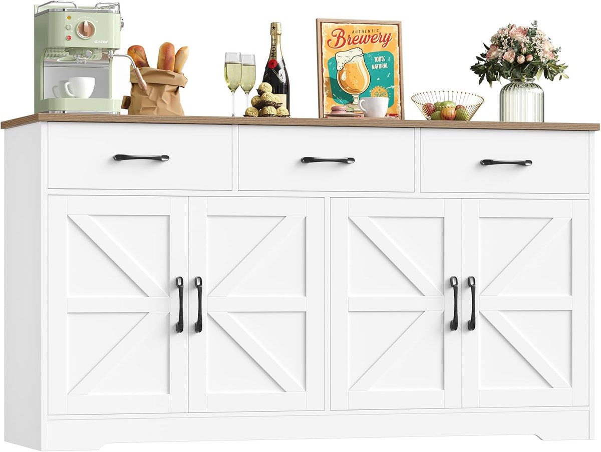 HOCSOK Sideboard mit Arbeitsplatte - Weiß mit 4 Türen und 3 Schubladen - 150 x 38,5 x 81,5 cm aus Holzwerkstoff - Buffetschrank für Geschirr Hausbar und Kaffeestation