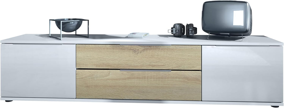 Vladon Linio V2 TV Lowboard - Weiß und Eiche Sägerau mit 2 Türen und 2 Schubladen - 166,5 x 35 x 37,5 cm - Moderner Fernsehtisch für Mediengeräte und Stauraum