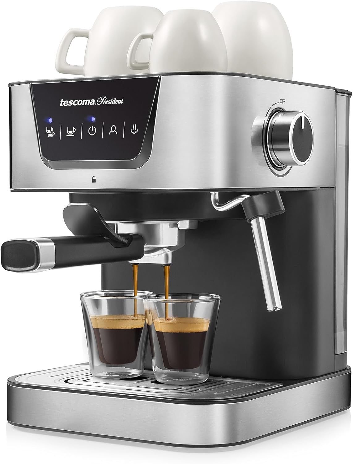 Tescoma PRESIDENT Espressomaschine - 1,5 L Wassertank für mehrere Kaffeeportionen - Mit integriertem Milchaufschäumer - Silber für Espresso Cappuccino und Latte
