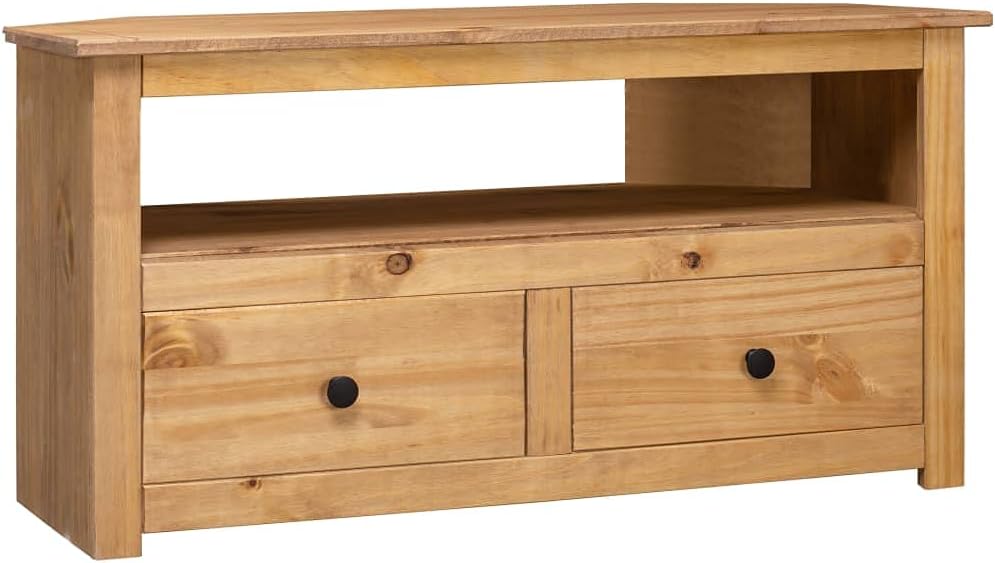 TV Eckschrank aus Massivholz - Braun aus Panama Kiefer im Retro Stil - 93 x 49 x 49 cm mit Staufunktion - Kompakter Fernsehtisch und HiFi Schrank für Wohn und Schlafzimmer