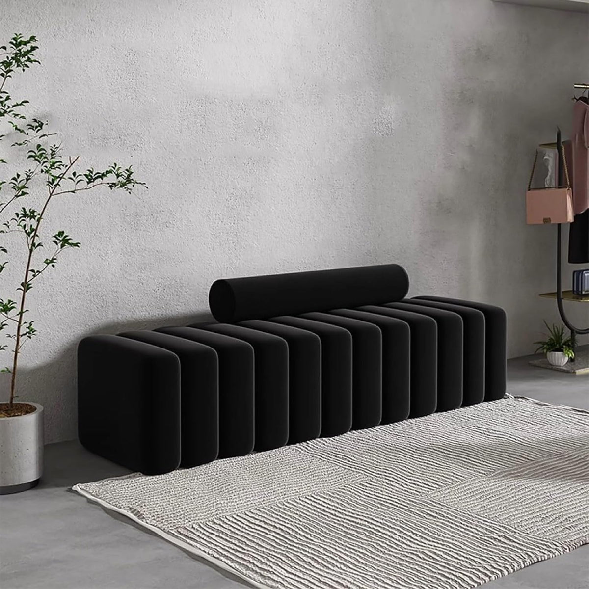 Gepolsterte Bettbank mit Samtbezug - Schwarz mit hochdichtem Schaumstoff und Zylinderkissen - Montagefreie Ottomane - 120 x 42 x 40 cm für Schlaf Wohn und Flur