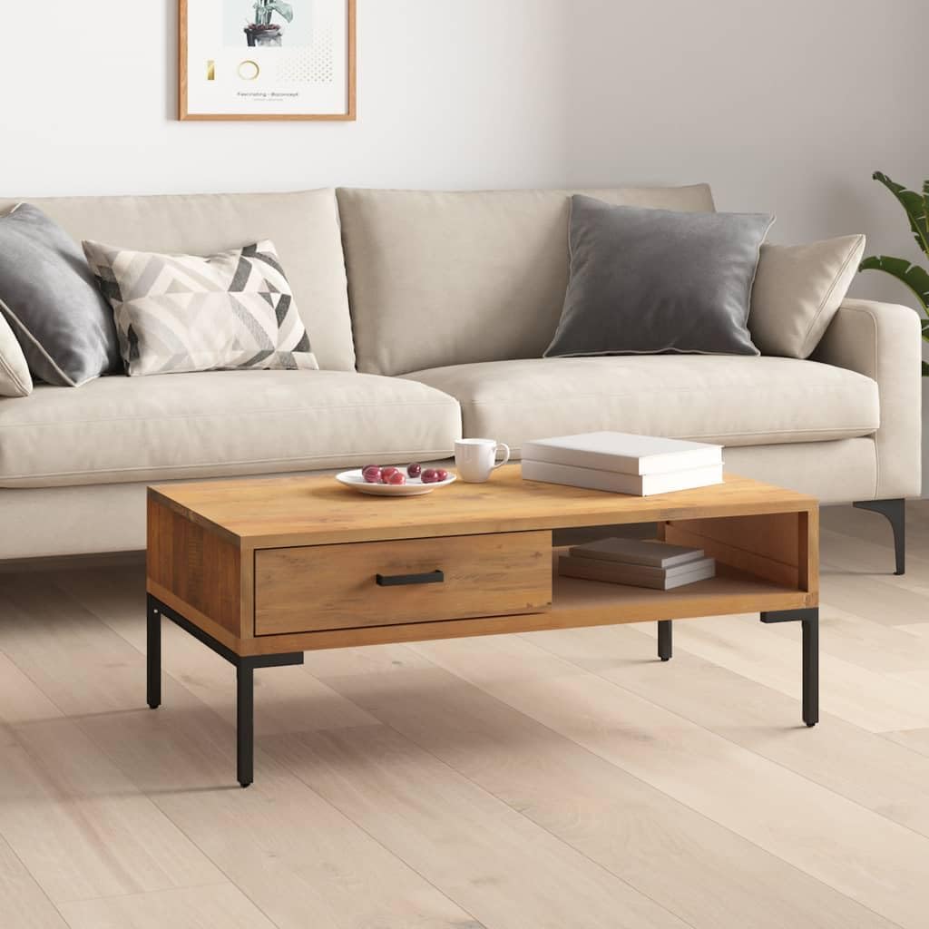 Couchtisch aus massivem Kiefernholz - 90 x 50 x 35 cm mit Schublade und Metallfüßen - Braun im Vintage Industrial Stil - Für Wohnzimmer Schlafzimmer und Flur