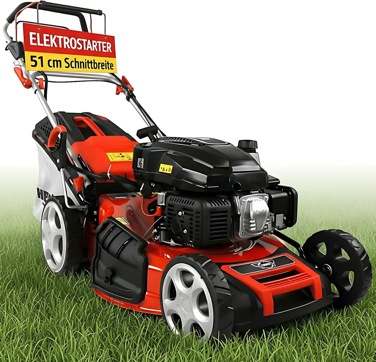 HECHT 5in1 Benzin Rasenmäher - 4,0 kW 5,5 PS mit Elektrostart - 51 cm Schnittbreite und Radantrieb - 65 L Fangkorb mit Mulchfunktion