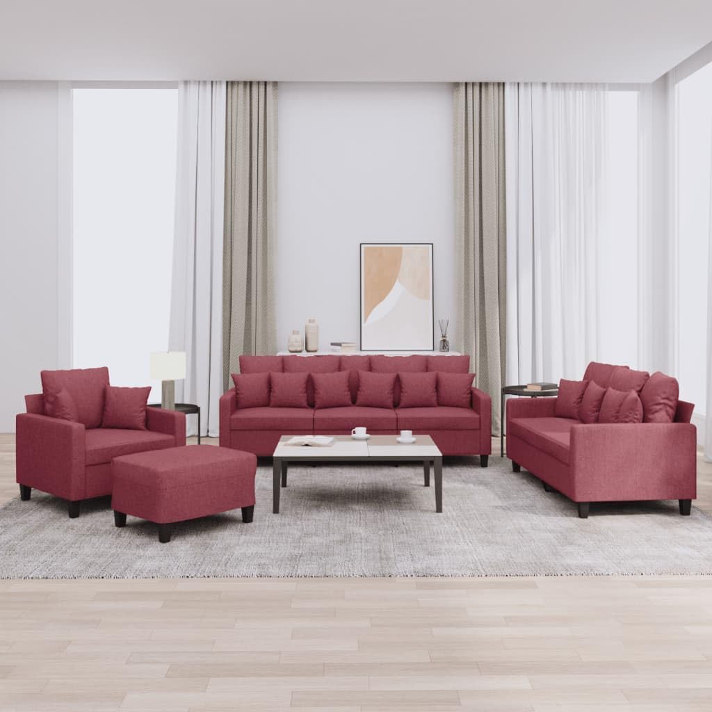 Vierteilige Sofagarnitur aus Stoff - Weinrot im modernen Design - Großes Couch Set zum Plaudern und Fernsehen - Für das Wohnzimmer