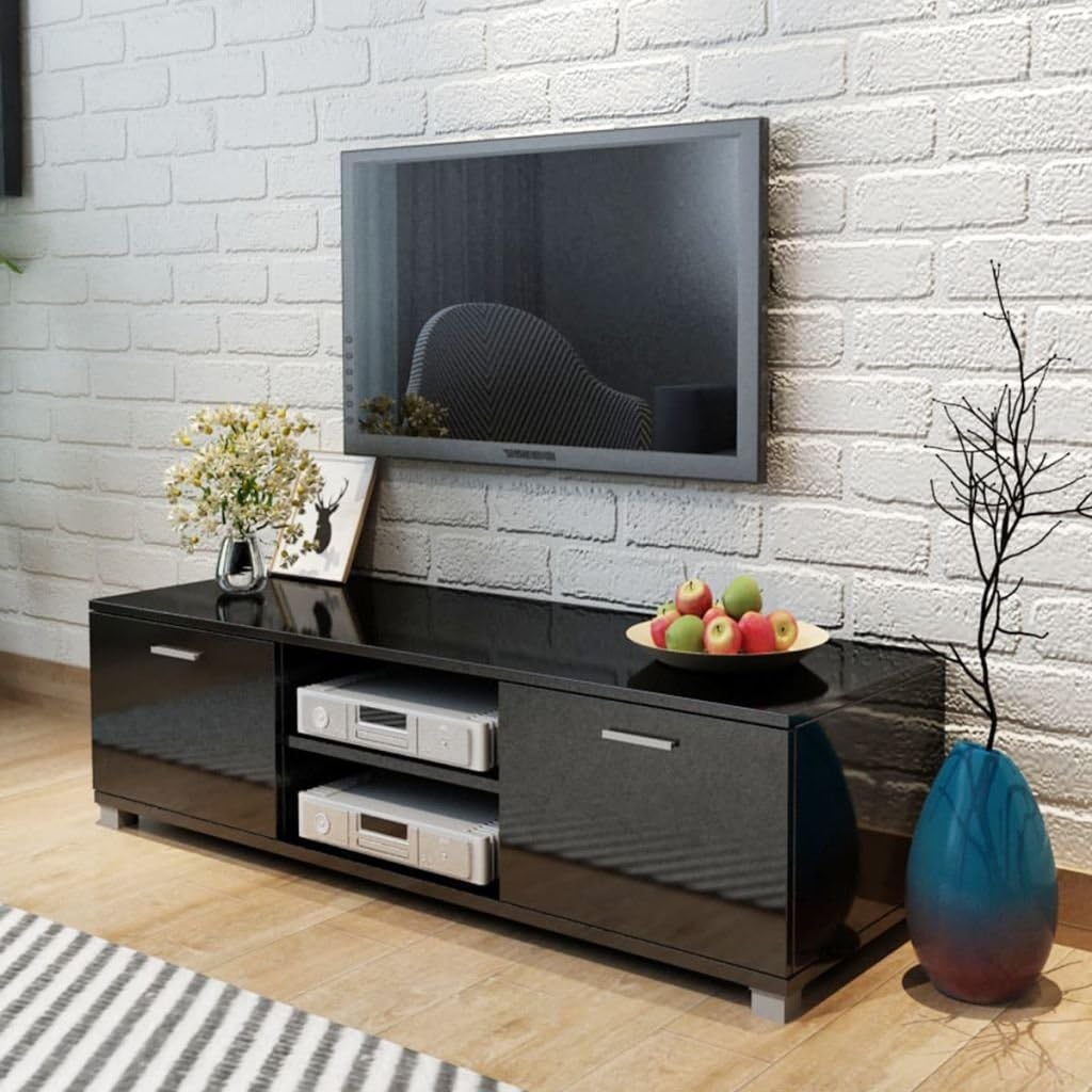 TV Lowboard 140 cm - Hochglanz schwarzer Fernsehschrank für TV und Phonogeräte - Rechteckige Fernsehkommode ohne Montage - Für Wohnzimmer und Schlafzimmer