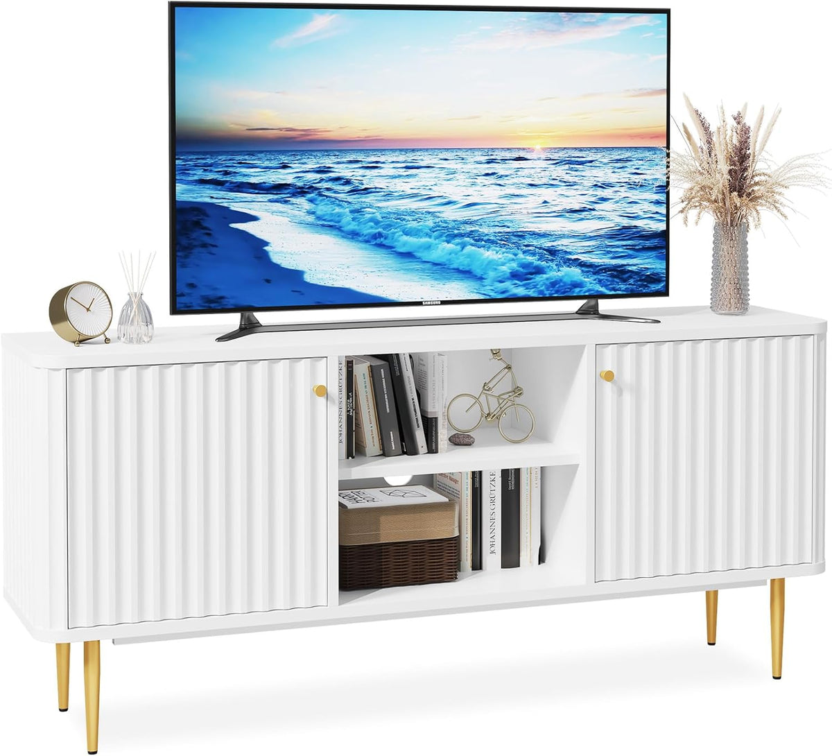 TV Schrank mit 2 Türen - weißes Lowboard 62 x 140 cm - moderner Fernsehtisch aus Holz - für Wohnzimmer Esszimmer und Schlafzimmer