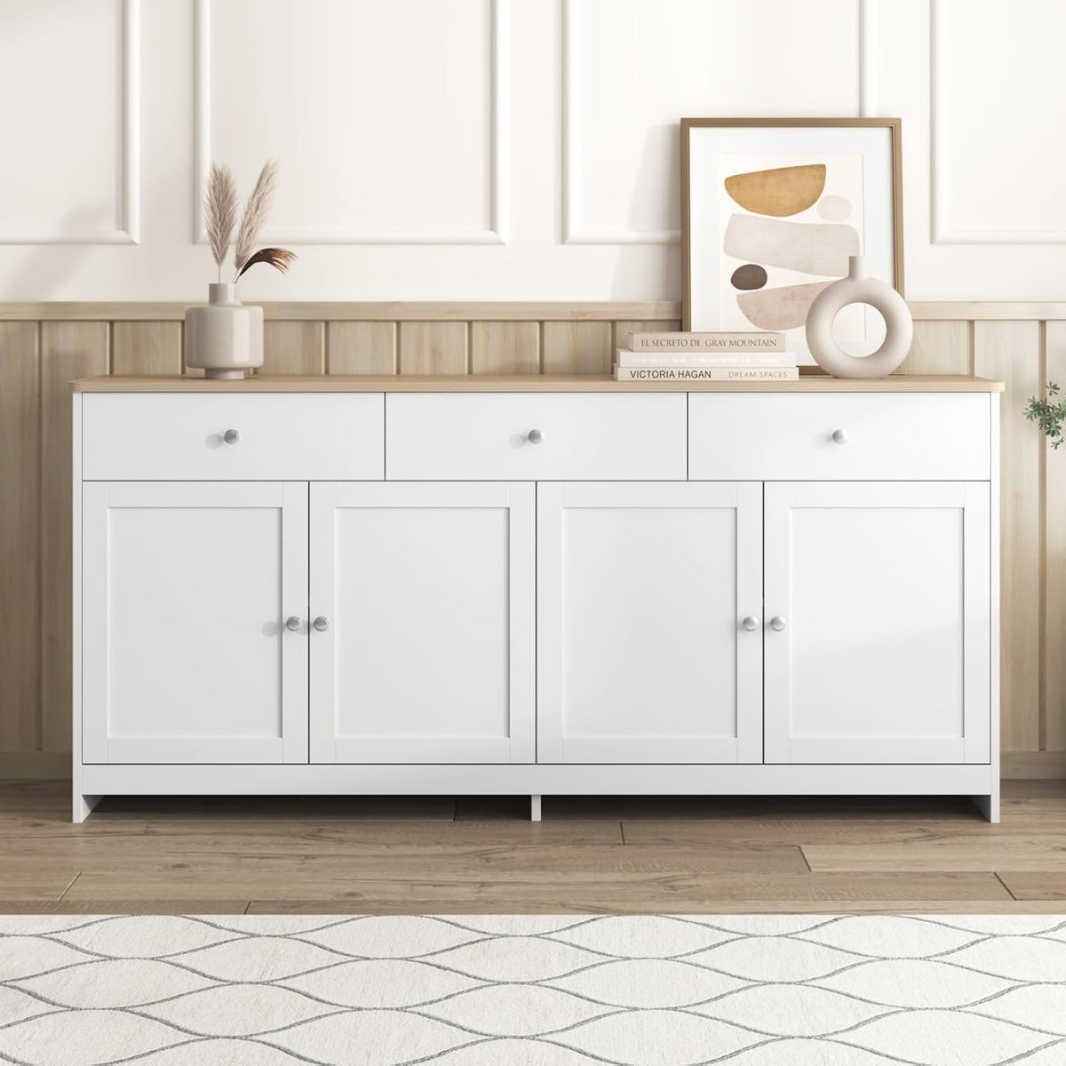 Buffetschrank Natur Weiß - 3 Schubladen 4 Türen und verstellbare Einlegeböden - Sideboard aus Holz für Küche und Esszimmer - 160 x 75 x 37 cm