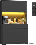 FirFurd Küchenschrank mit LED - Schwarz mit Arbeitsplatte und Steckdose - 100 x 38,5 x 180 cm mit verstellbarem Regalboden - Bodenstehender Buffetschrank für Küche und Esszimmer