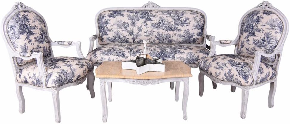 Chateau Versailles Salon Garnitur - Sofa zwei Sessel und Couchtisch - Pastellfarben mit Toile de Jouy und Marmorplatte - Barockes Shabby Chic Design