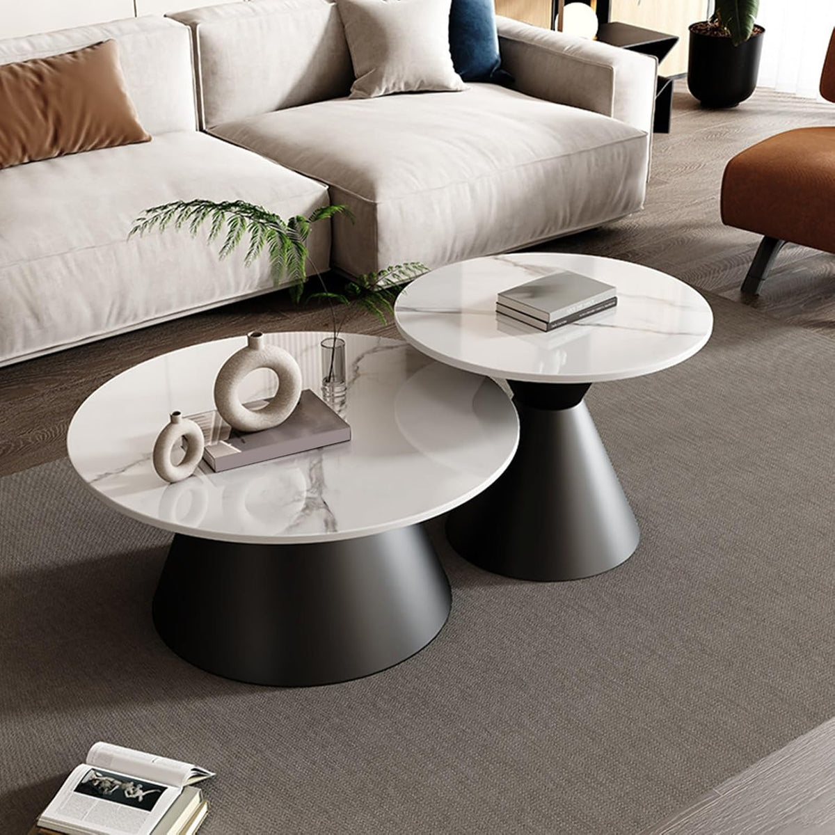 Rundes Couchtisch Set - 2 Tische mit 80 x 36 cm und 60 x 49 cm - Schwarz mit Marmor Design und lackierter Stahlstruktur - Für Wohnzimmer Schlafzimmer und Balkon