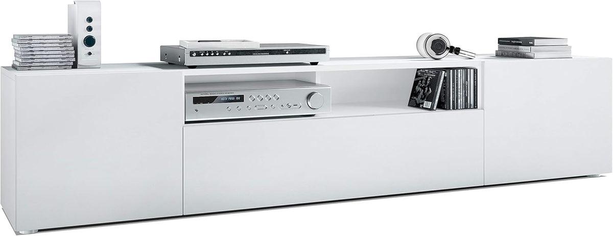 Vladon Mogan Lowboard - Weiß matt mit 2 Türen einer Klappe und offenem Fach - 181 x 35 x 39 cm modernes TV Möbel - Fernsehtisch und Kommode für Medien und Stauraum