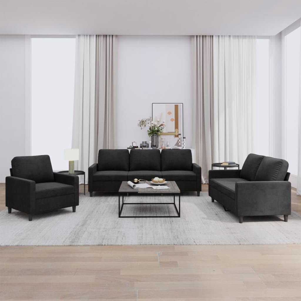 Dreiteilige Sofagarnitur aus Samt - Schwarz im modernen Design - Großes Couch Set zum Entspannen Plaudern und Fernsehen - Für das Wohnzimmer