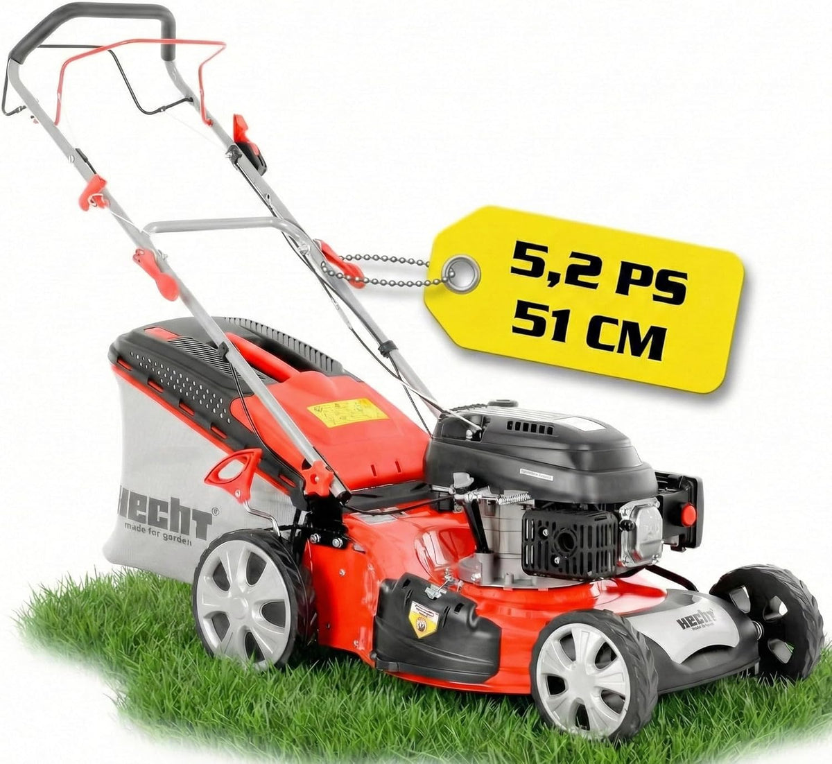 HECHT Benzin Rasenmäher 5 in 1 - 5,2 PS Motor mit Radantrieb und 51 cm Schnittbreite - Mulchfunktion Seitenauswurf und 70 Liter Fangkorb - Für Gärten bis 1500 Quadratmeter
