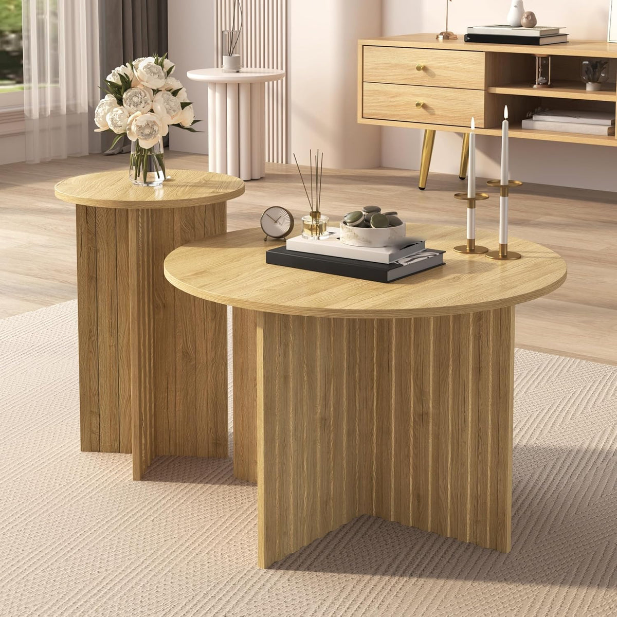 Rundes Couchtisch Set - 2 Tische aus MDF und Spanplatte - Naturfarben mit platzsparender Anordnung - Für Wohnzimmer Büro und Balkon