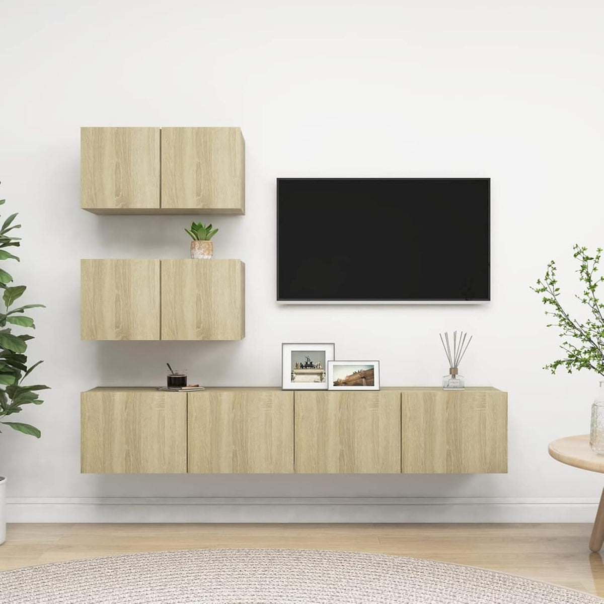 ZEYUAN TV Schrank Set 4 teilig - Sonoma Eiche aus Spanplatte - Wohnwand und Phonomöbel für Medien und Stauraum - Modernes Schrank Set für Wohnzimmer