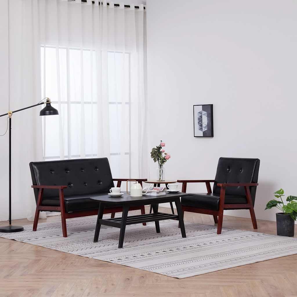 Sofagarnitur zweiteilig - Schwarzes Kunstleder - Schlichtes skandinavisches Design - Moderne Couchmöbel zum Entspannen und Fernsehen