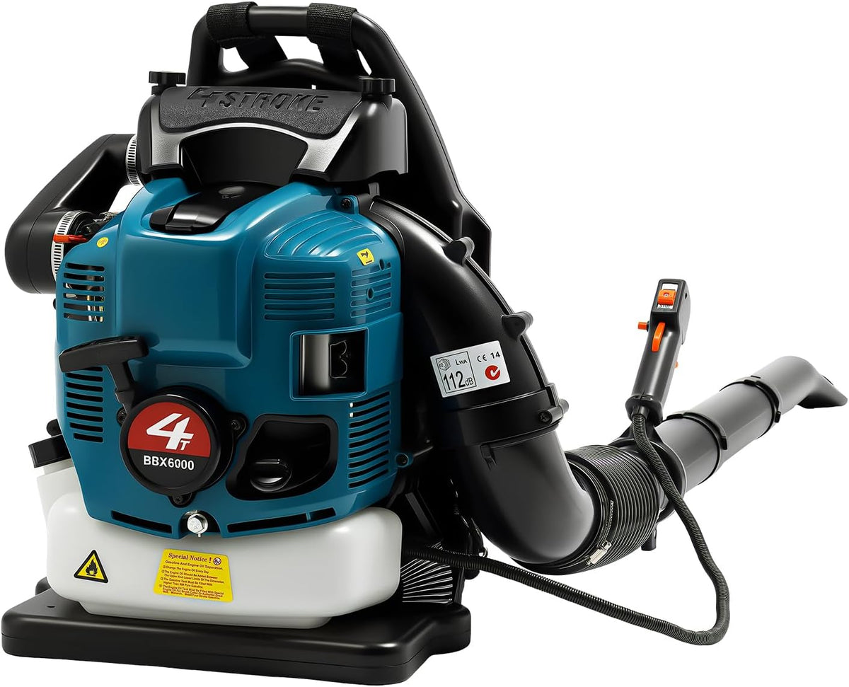 75,6 ccm Benzin Rückenlaubbläser - 2600 Watt 4 Takt Motor mit 498 CFM Luftvolumen - Bis 7000 Umdrehungen pro Minute - Blau für Garten und Flächenreinigung