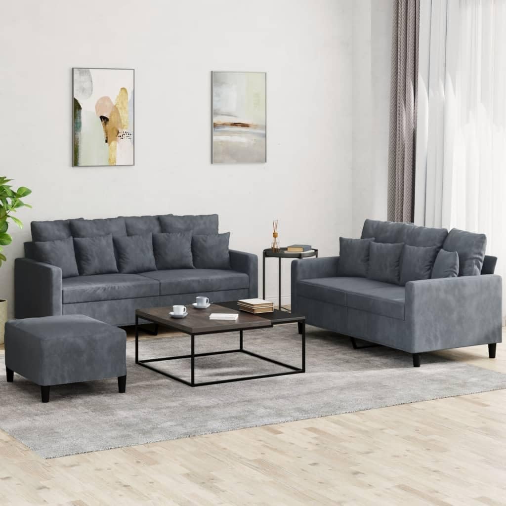Dreiteilige Sofagarnitur aus Samt - Dunkelgrau mit passenden Kissen - Modernes Couch Set zum Lesen Plaudern und Fernsehen - Für das Wohnzimmer