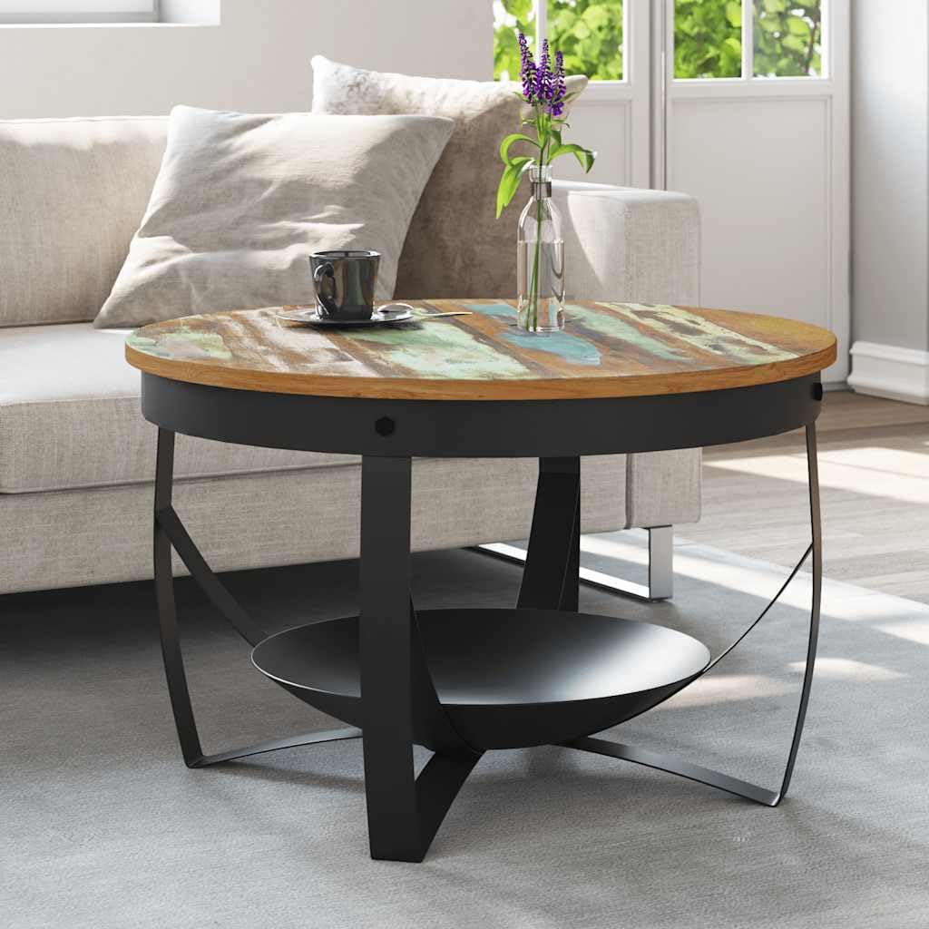 Runder Couchtisch aus Massivholz - Recyceltes Holz mit stabilem Eisenbein - Braun im Vintage Industrial Design - 68 x 43 cm für das Wohnzimmer