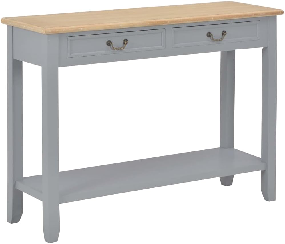 Konsolentisch mit zwei Schubladen - Massivholz MDF und Paulownia Holz - Grau im modernen rechteckigen Design - 110 x 80 x 35 cm für Flur und Schlafzimmer