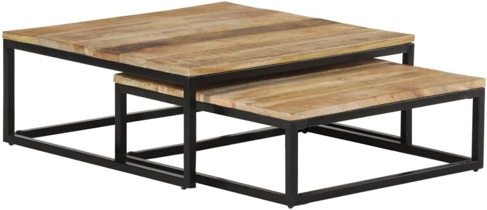 Couchtisch Set aus Mangoholz - 70 x 68 x 27 cm und 60 x 60 x 21 cm - Massivholz und Eisen in Braun - Stapelbar im Industrial Design