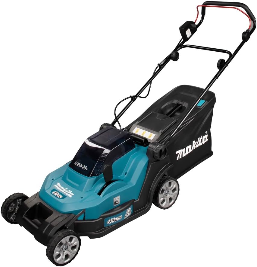 Makita DLM432Z Akku Rasenmäher - 2 x 18 Volt System für kabelloses Mähen - Manuelle Gartenpflege mit robuster Kunststoffbauweise - Petrol ohne Akku und Ladegerät