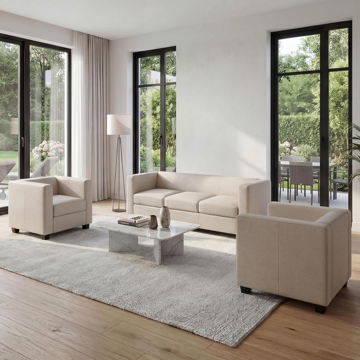 Mendler Lille Sofagarnitur 3 1 1 - Dreisitzer und 2 Sessel aus Leder - Creme Beige für 5 Personen - Modernes Lounge Set für das Wohnzimmer