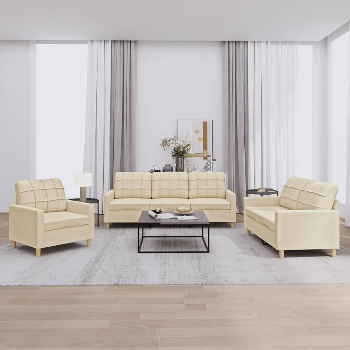 Gecheer Sofagarnitur 3-teilig - Cremefarbener Stoff mit passenden Kissen - Moderne Polstersofas für Wohn Schlaf und Spielzimmer - Zusammen 64,3 kg