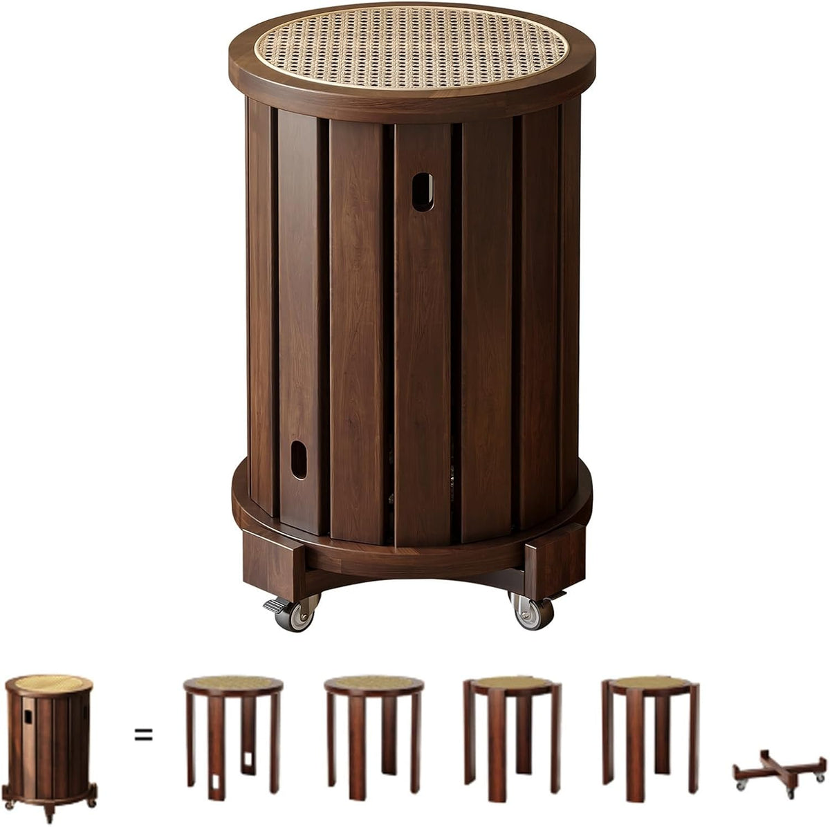 Stapelbare Rundhocker im 4er Set - Braun aus Rattan und Holz - Multifunktionale Sitzmöbel im platzsparenden Design - Für Küche Schlaf und Wohnzimmer