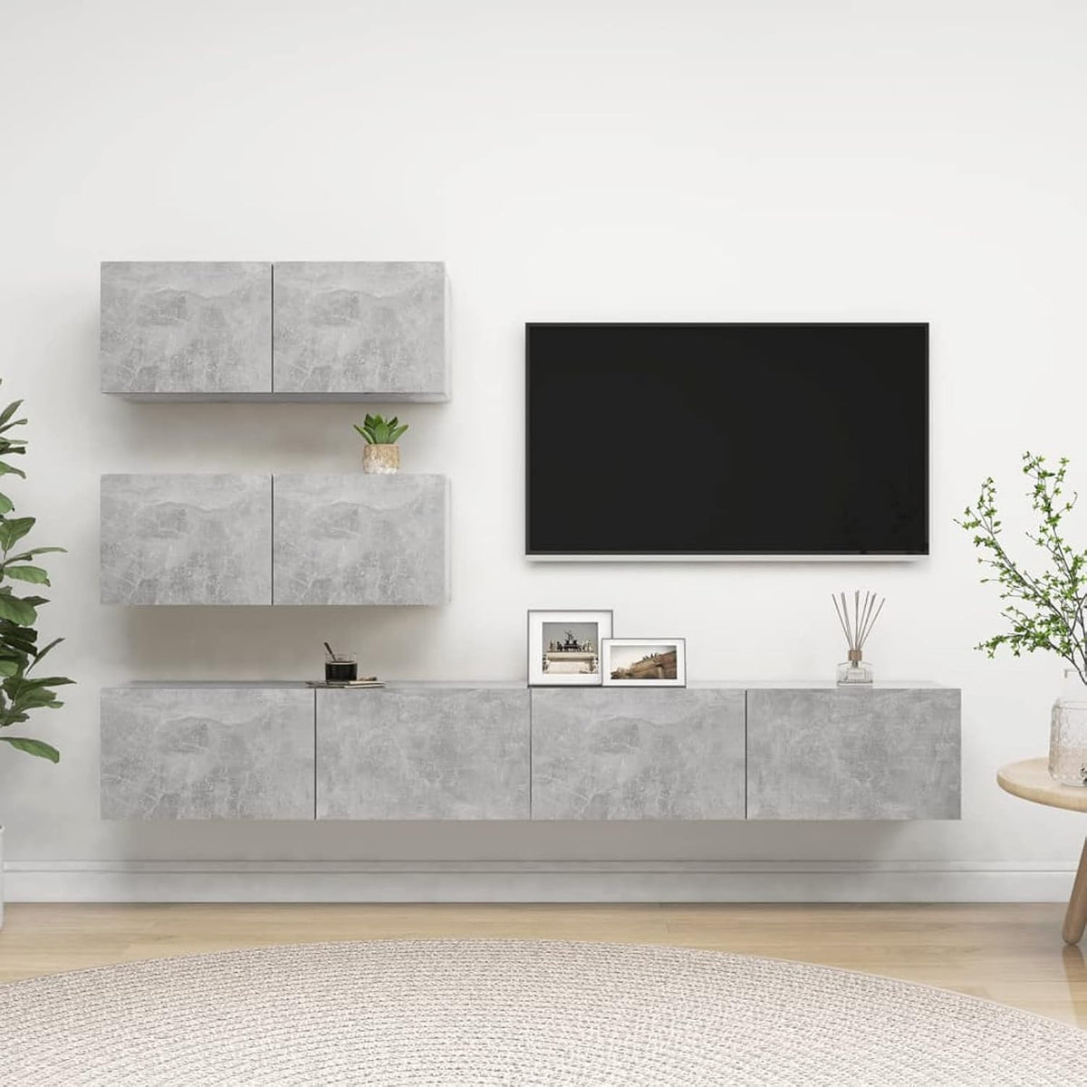 TV Schrank Set 4 teilig Betongrau - Wohnwand aus Spanplatte für Medien und Stauraum - TV Möbel und Phonomöbel für Wohnzimmer - Moderne vierteilige Schrankkombination