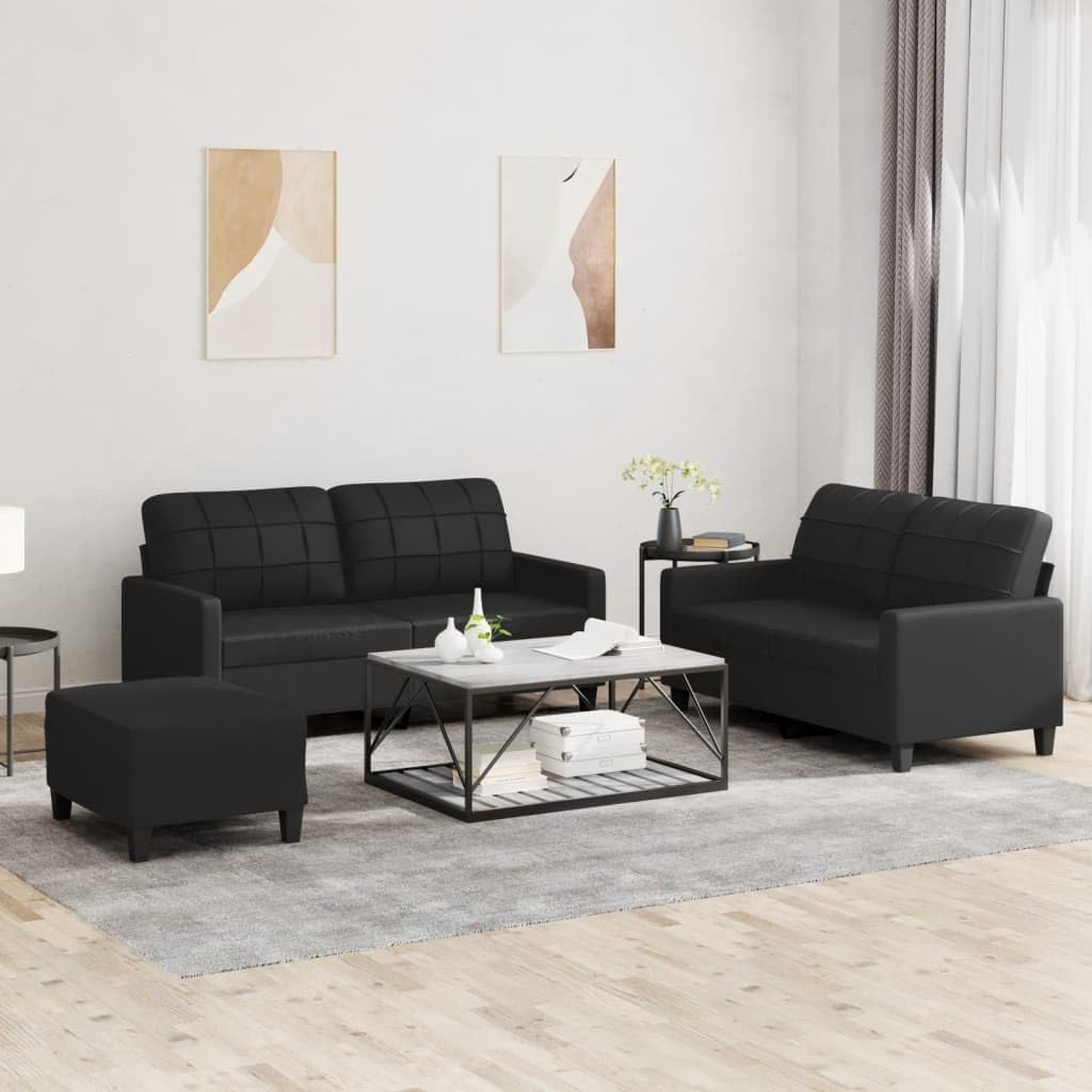 Sofagarnitur 3-teilig - Schwarzes Kunstleder mit passenden Kissen - Modernes Couch Set für das Wohnzimmer - Hauptelement 158 x 80 x 77 cm