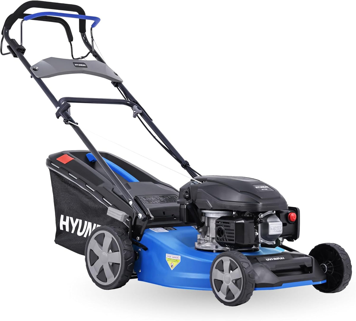 HYUNDAI LM4622G Benzin Rasenmäher - 3,9 PS 170 cm3 Motor mit Radantrieb - 46 cm Schnittbreite Mulchfunktion und 65 L Fangkorb - Blau mit Seilzugstart