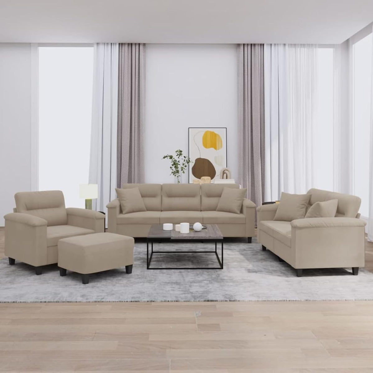 Dreiteilige Sofagarnitur mit Fußhocker - Taupe aus Mikrofasergewebe und Schaumstoff - Gepolstertes Wohnzimmer Set - Für Sitzen und Entspannen