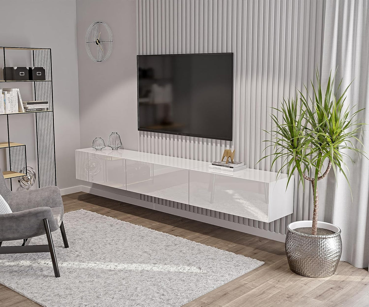 Modulares TV Lowboard 270 cm - 3 wandmontierte Module mit Push to Open - Weiß Hochglanz im modernen Design - Hängendes TV Board für Wohnzimmer