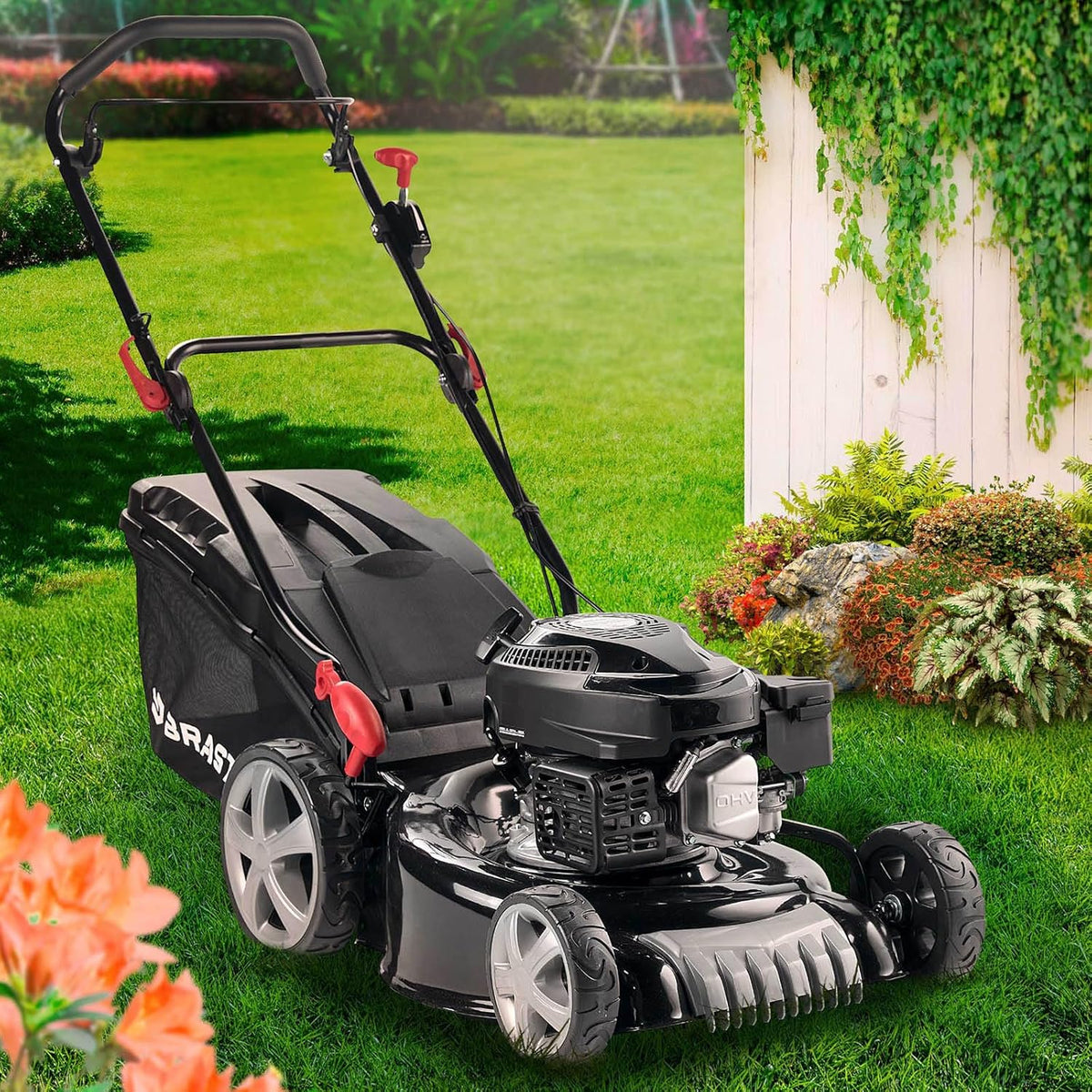 BRAST 18170 ECO Benzin Rasenmäher - 3,5 kW 4,76 PS mit 46 cm Schnittbreite - 4 Takt OHV Motor und Stahlgehäuse - 60 l Fangkorb Schnitthöhe 30 bis 80 mm
